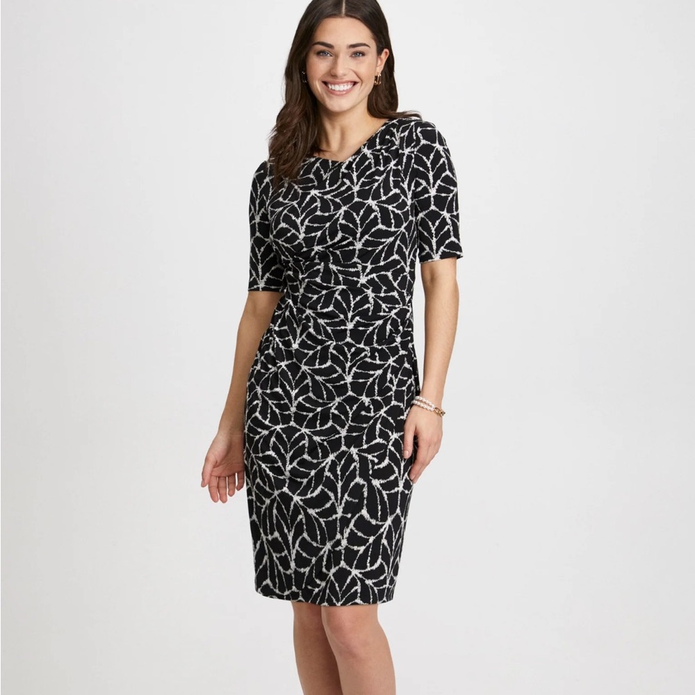 Laura Leaf Print Asymmetric Neck Dress Black & White